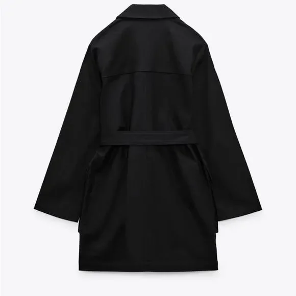ZARA Linen Utility Jacket Belted Trench Coat Preppy Scandi Black Size XS/S - Picture 10 of 12